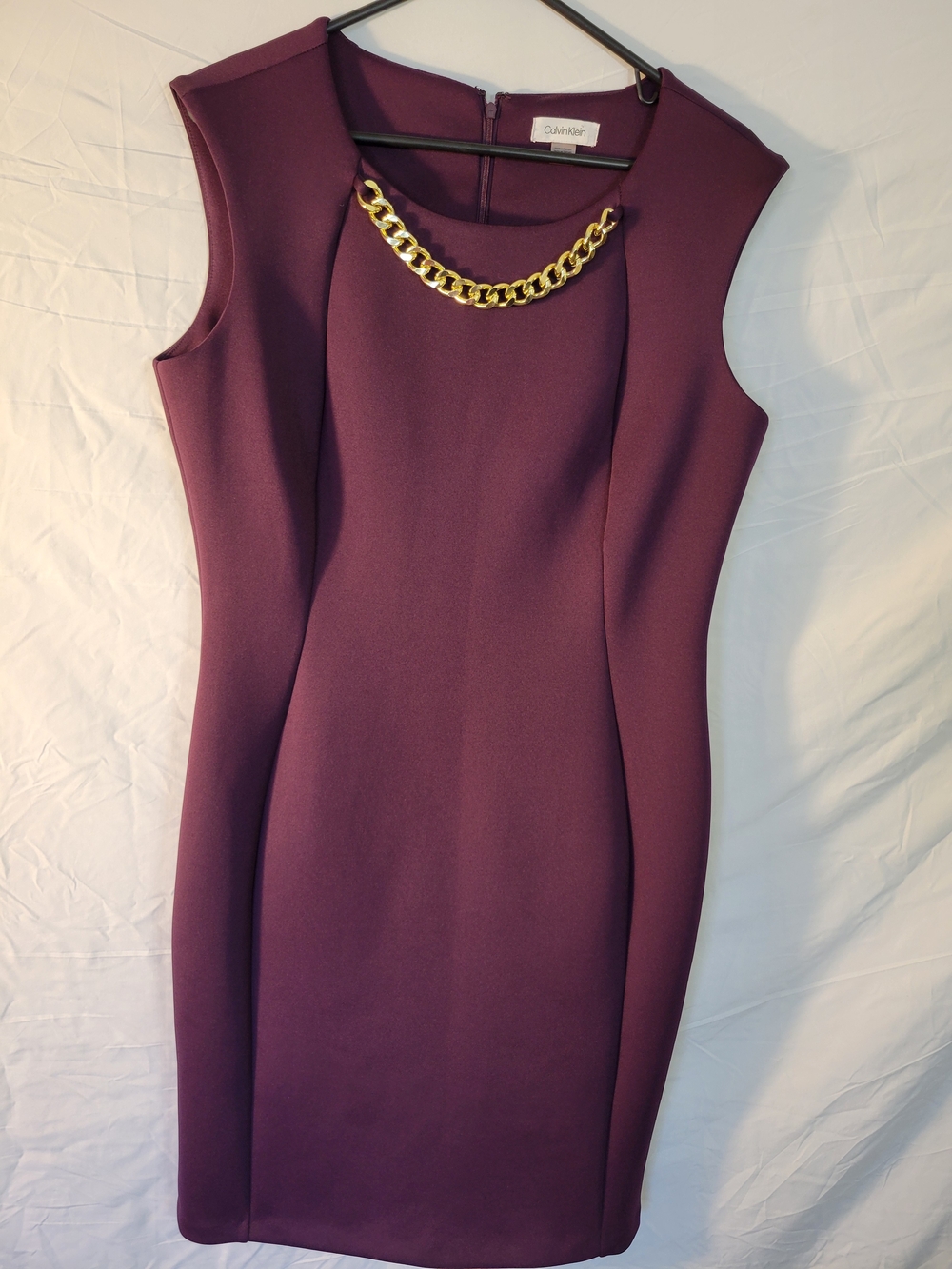 Calvin Klein Plum Midi Sheath Dress with Gold Chain Accent